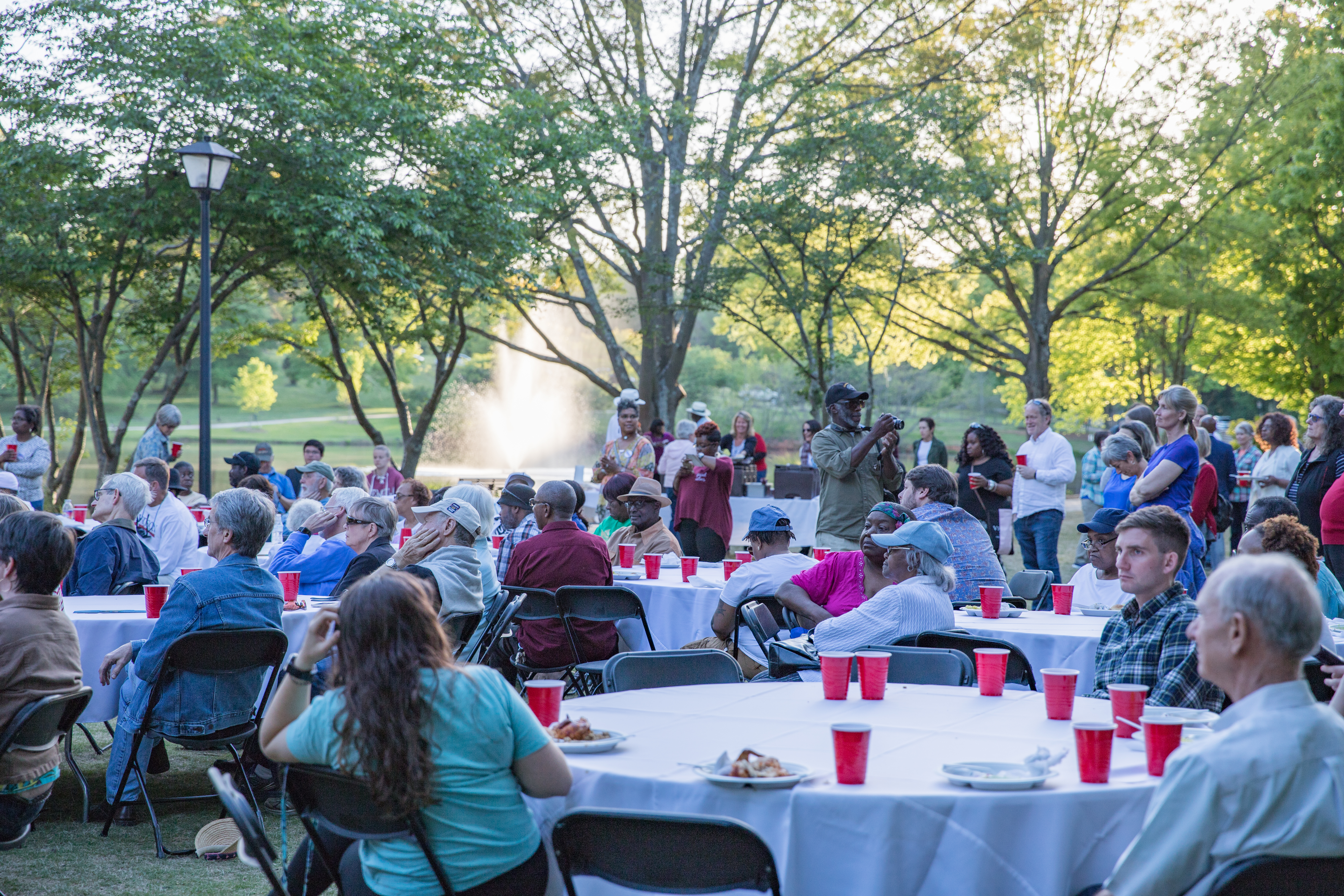 Golden-hour crowd scene at the park